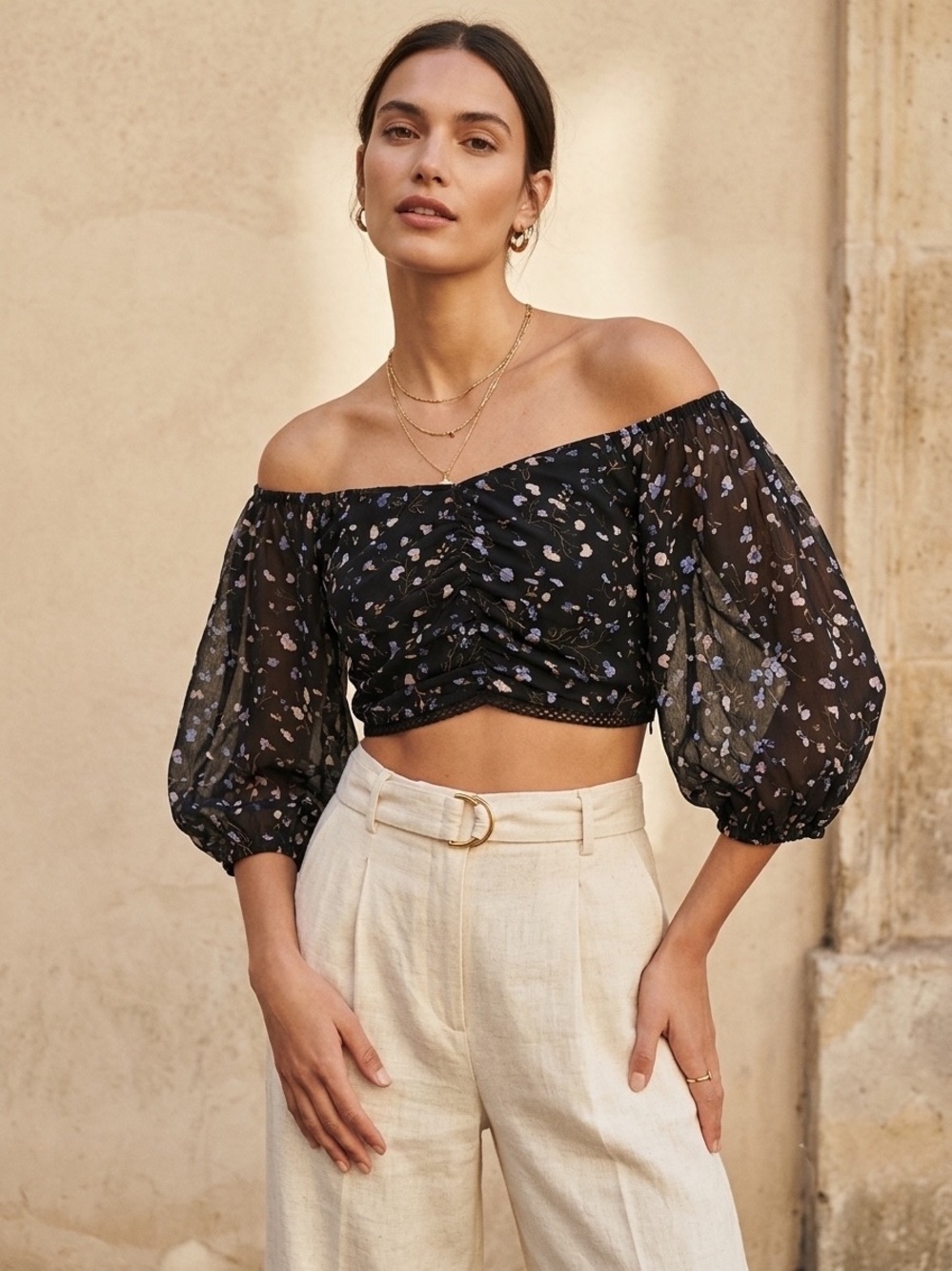ba&sh Paris Black Floral Off Shoulder Crop Blouse NWT L